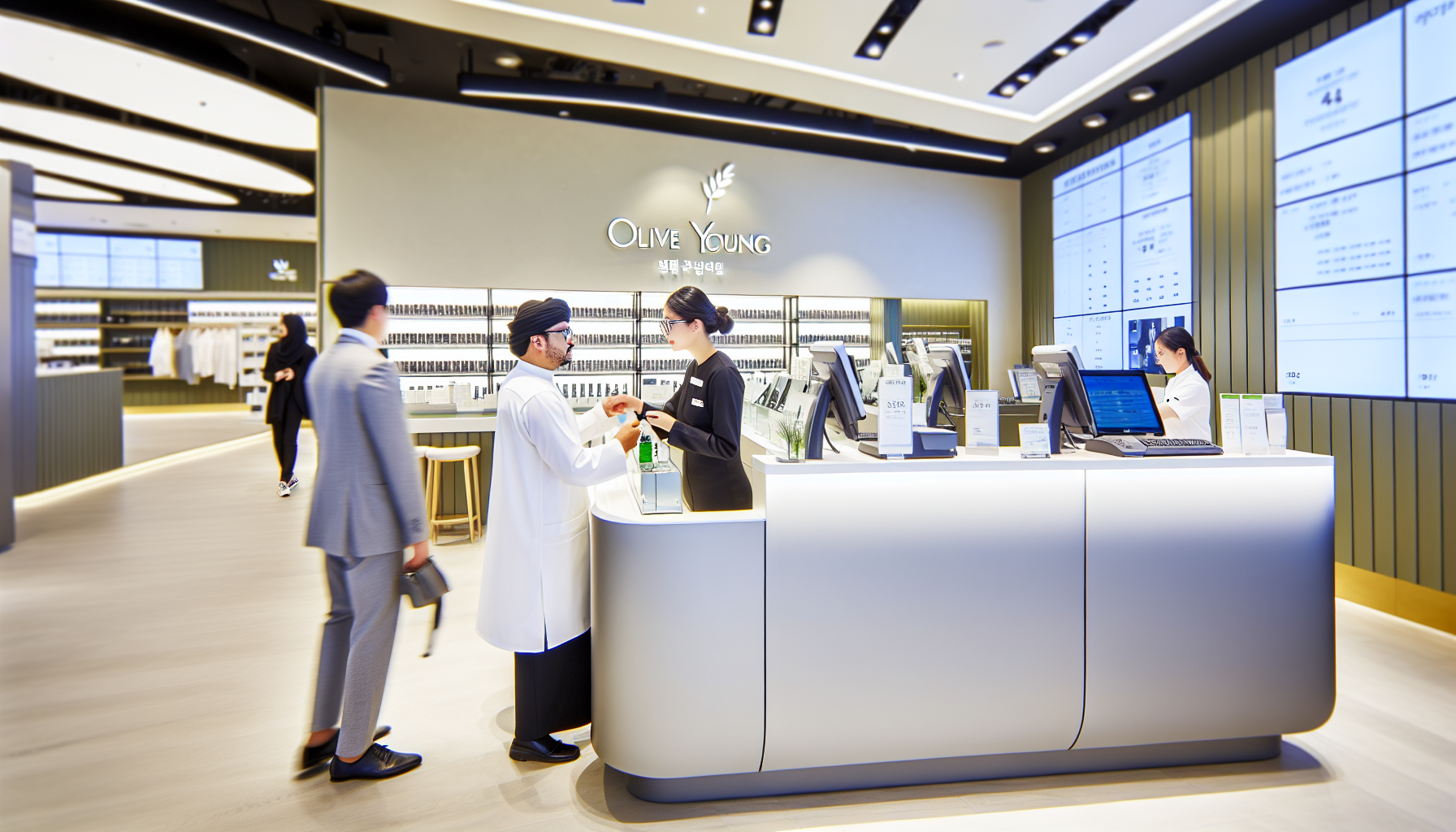 Quầy thanh toán trong cửa hàng Olive Young, cảnh khách hàng và nhân viên tương tác