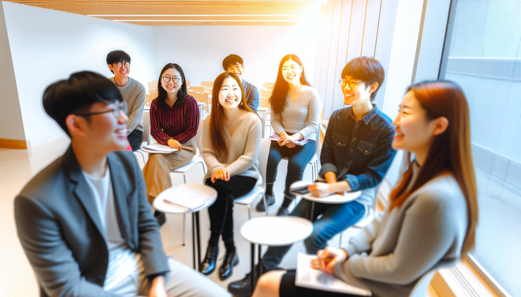 韓国語を話す生徒たち、微笑んでいる友達たち