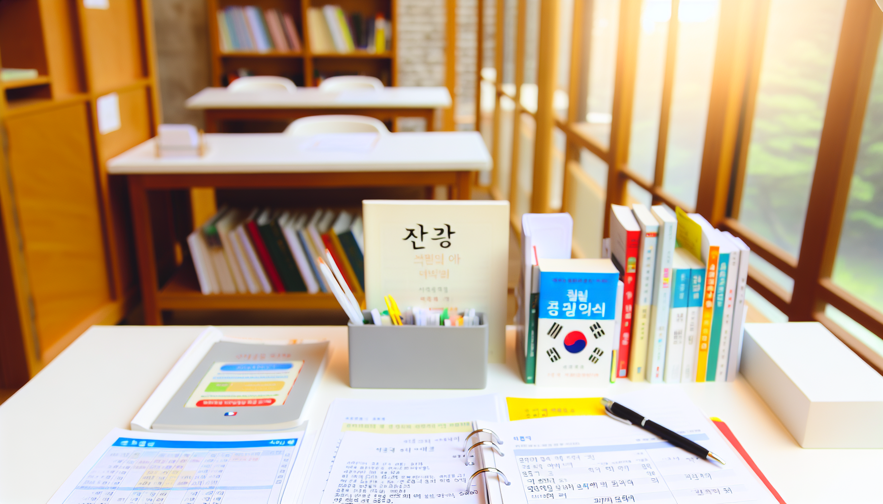 韓国語の学習教材と教科書、机の上に広げられた様子