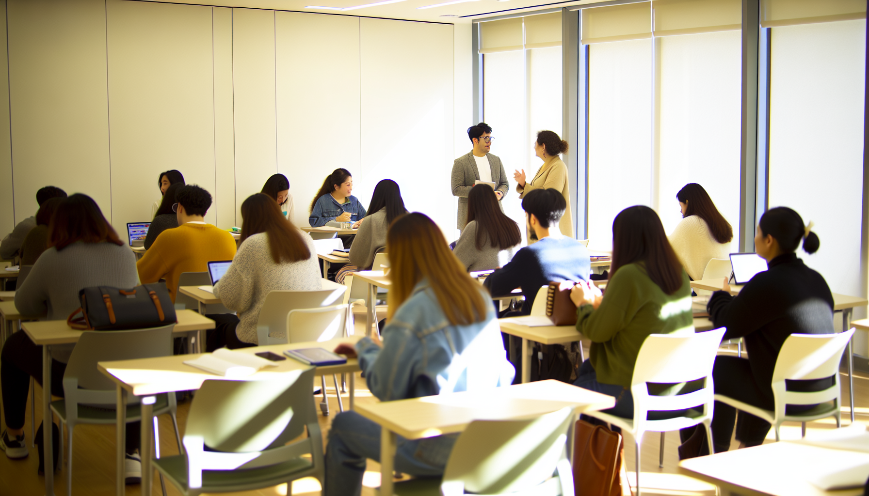 韓国語の授業シーン、生徒たちがお互いに会話する様子