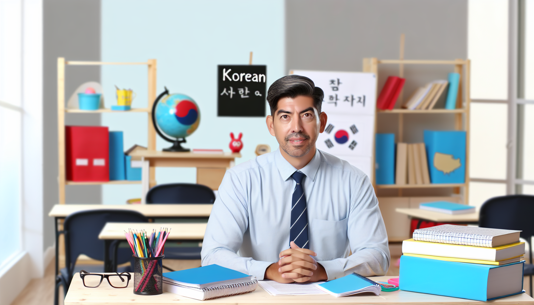 韓国語学習教材とサポートをする教師の画像