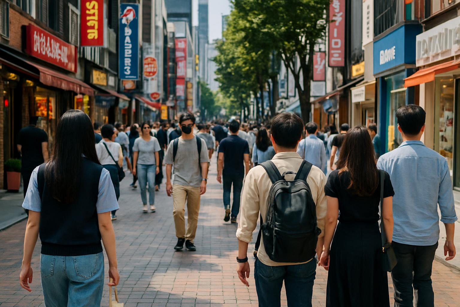 서울의 도보 전용 구역에서 산책하는 사람들