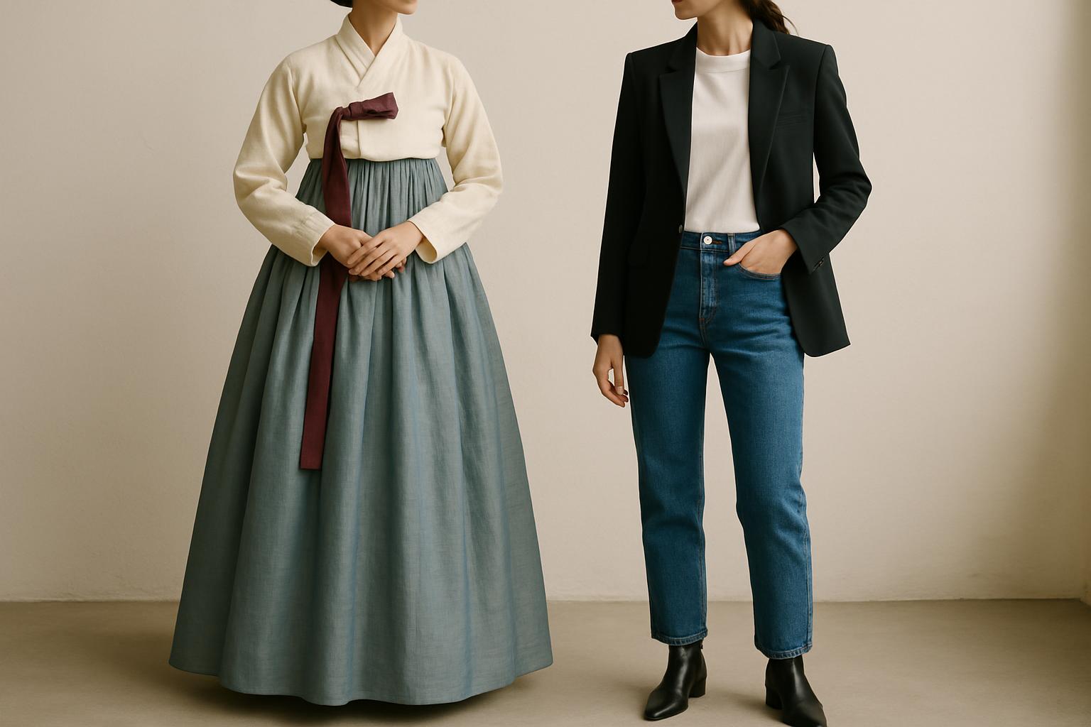 전통 한복과 현대 패션 스타일을 나란히 비교한 이미지