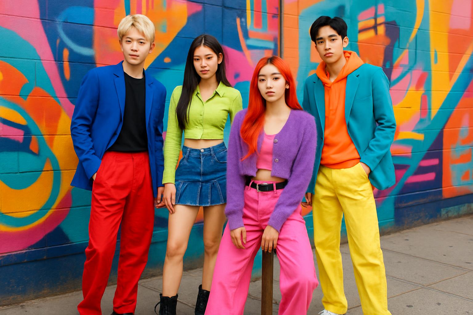 다양한 색상의 옷을 입은 K-pop 아이돌들의 패션 스타일 이미지