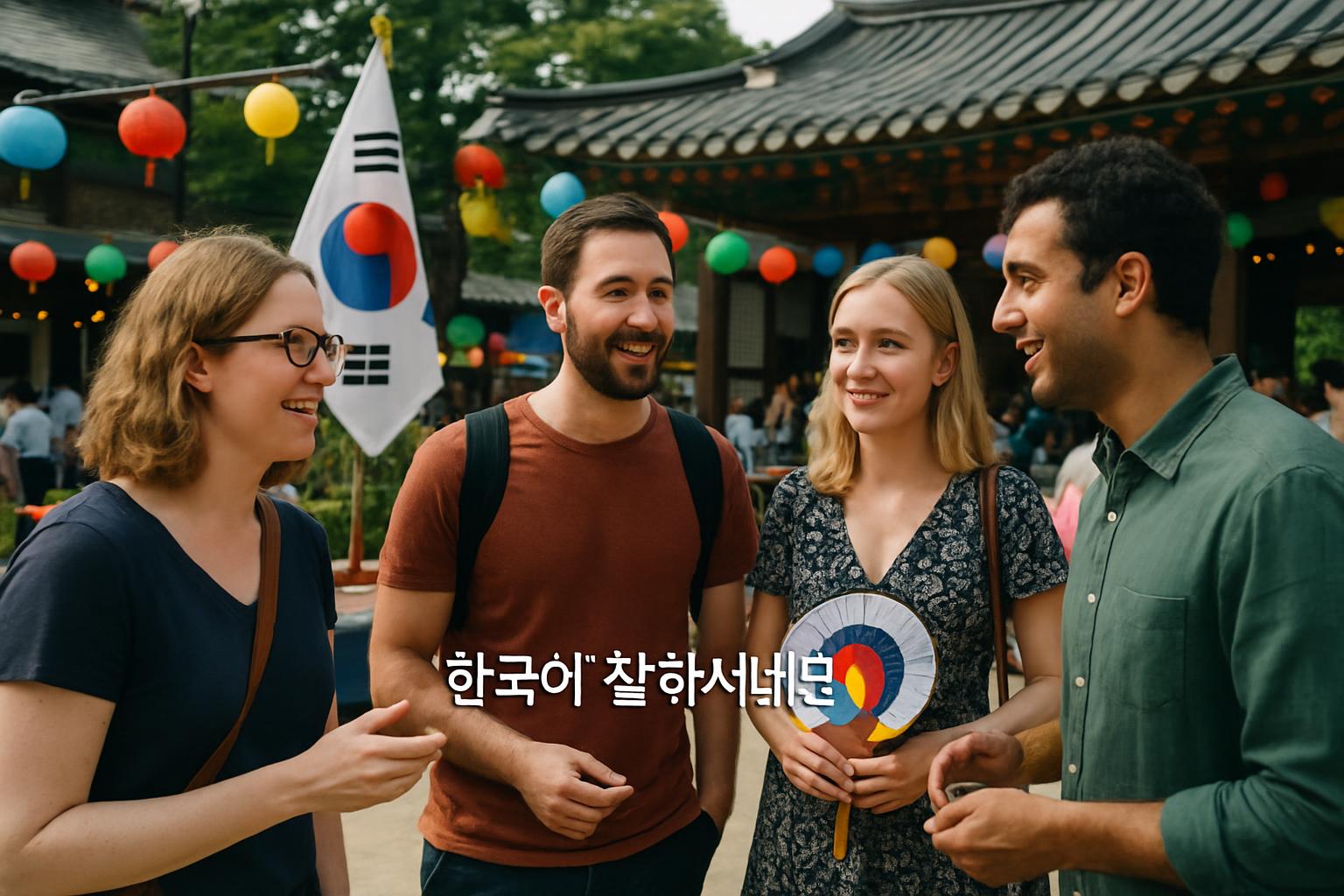 한국 문화 행사에서 외국인들이 한국어로 대화하는 장면