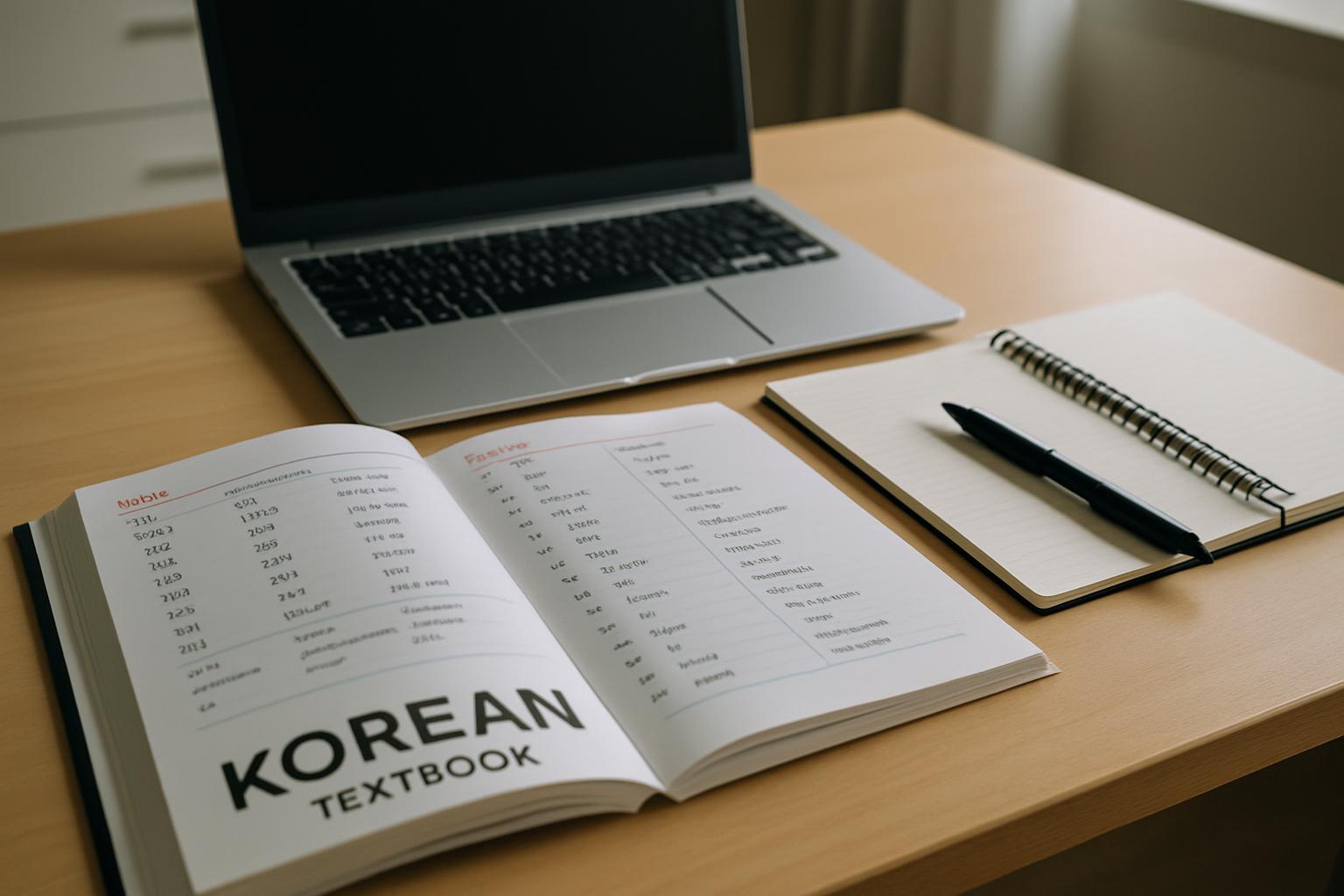 韓国語教科書とノートパソコンを活用して勉強するシーン