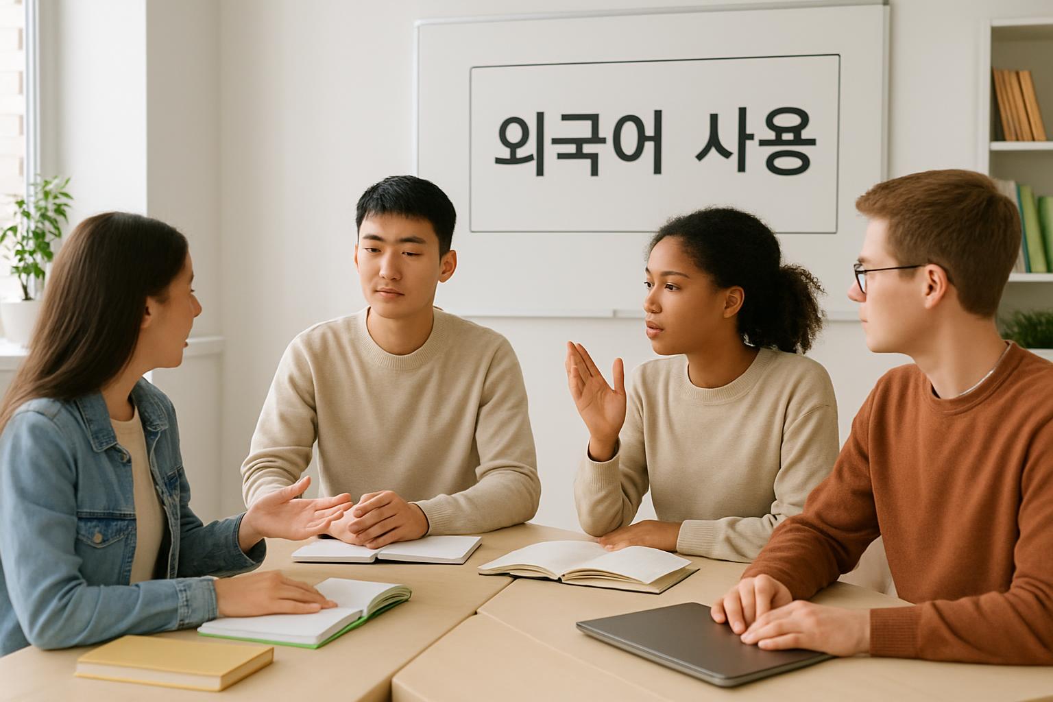 在韩国语课堂上讨论外来语使用的学生们