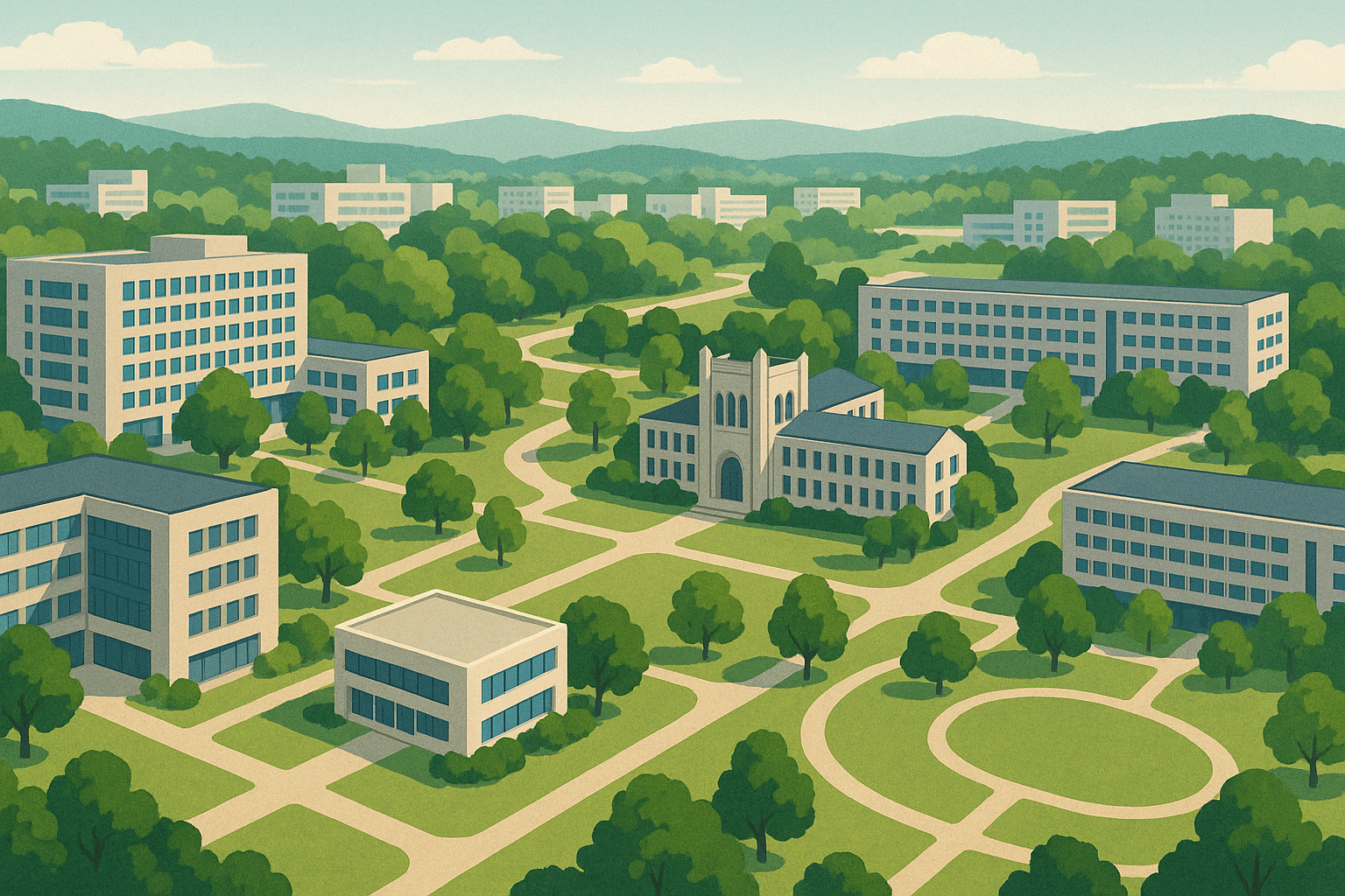 Aerial view of a university campus with modern buildings and green spaces