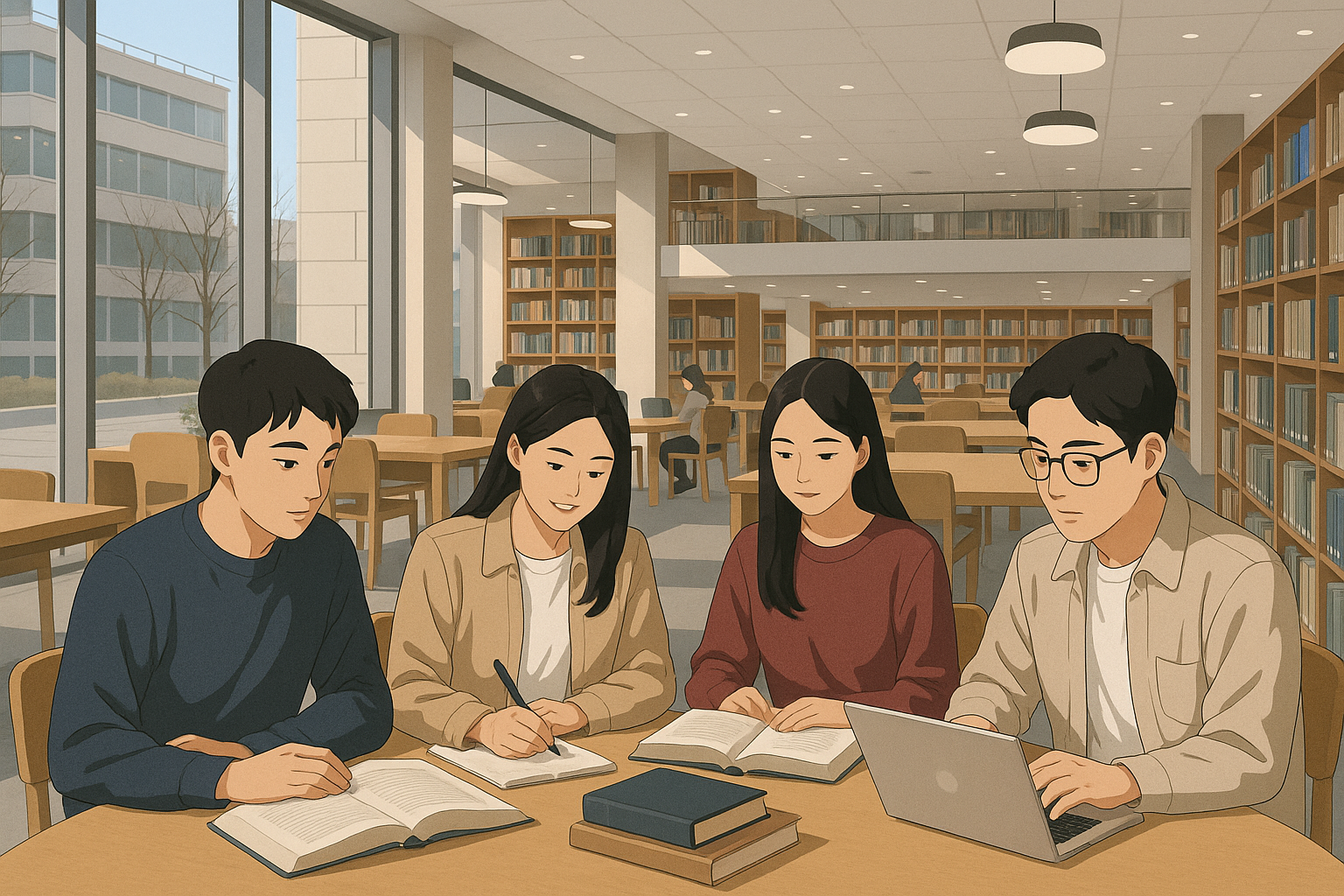 Students in a modern university library studying together