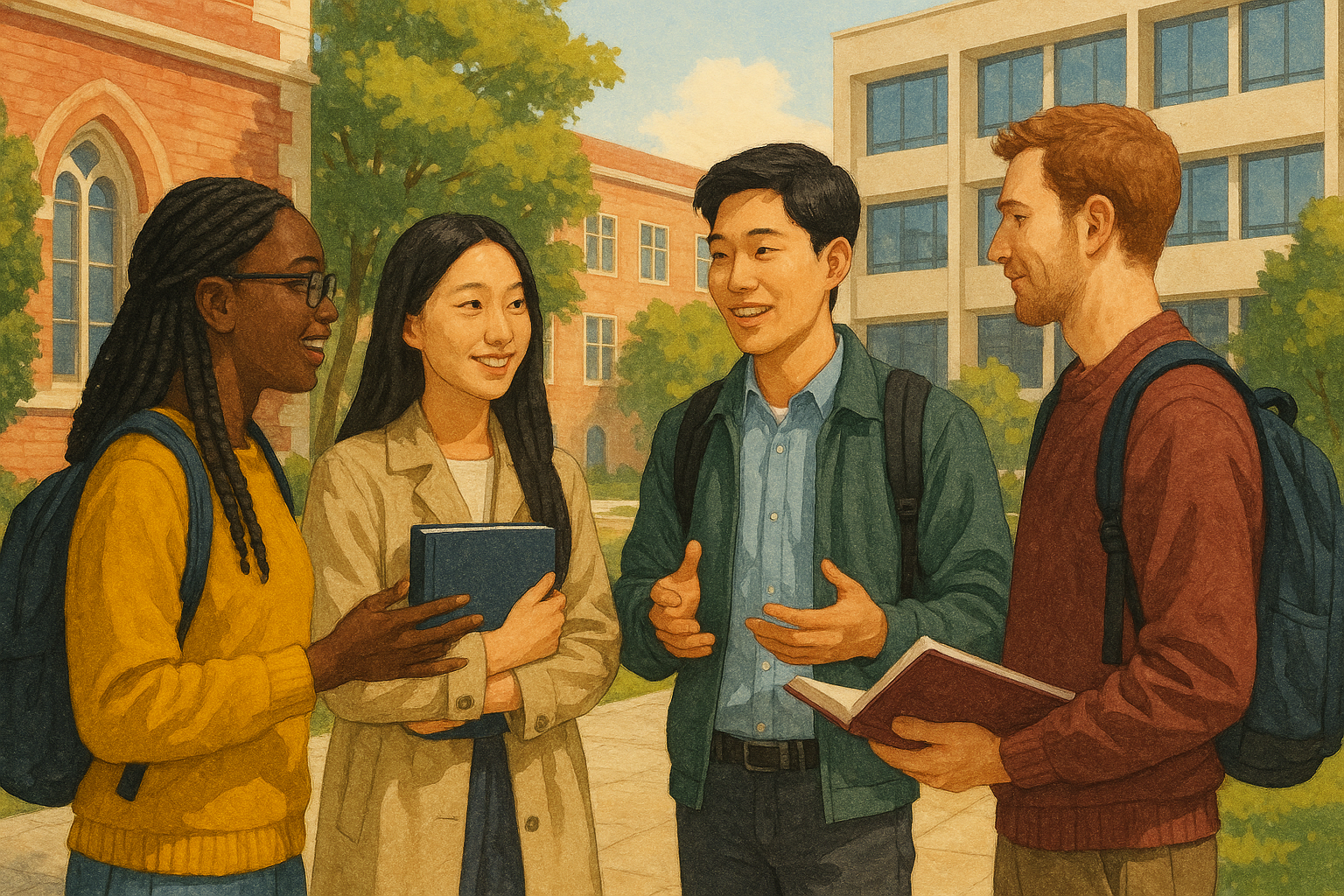 A group of international students discussing in a campus courtyard