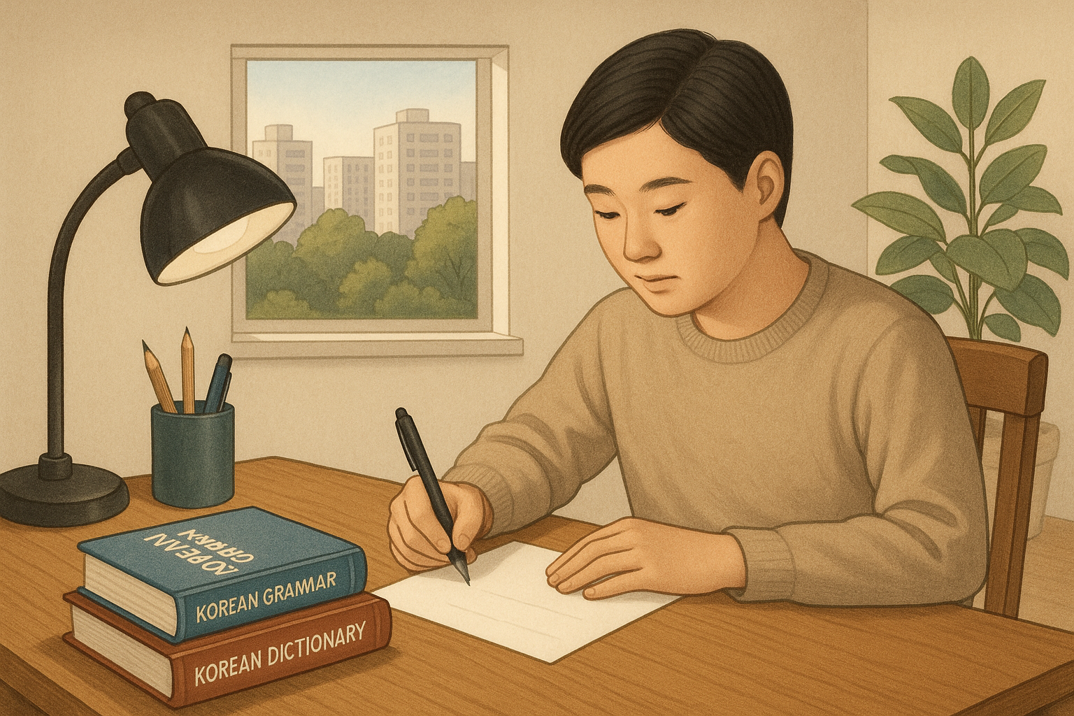 A person writing a letter at a desk with a Korean dictionary and grammar book nearby