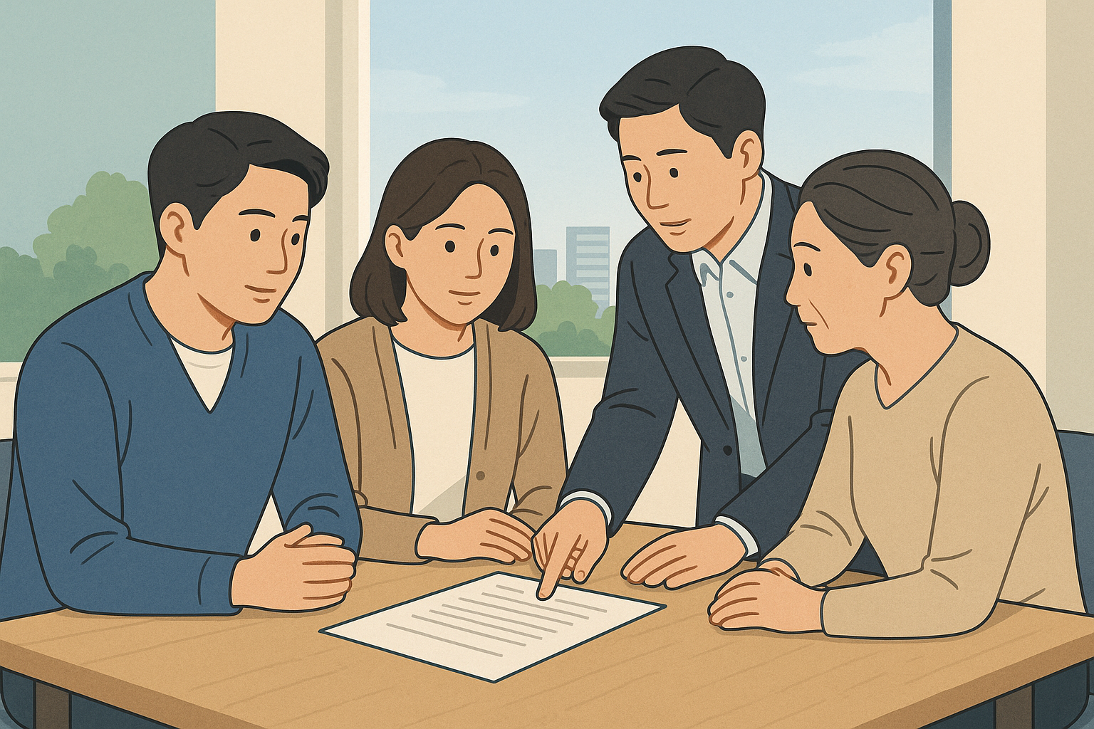 A group of people discussing and reviewing a written document