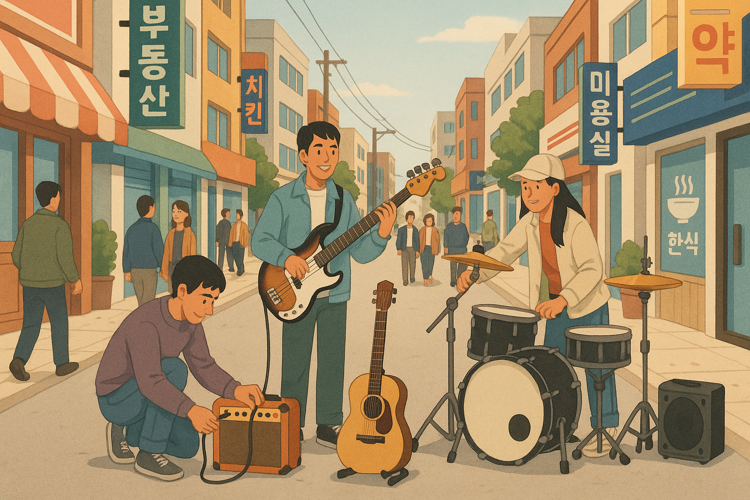 bustling street with musicians setting up instruments