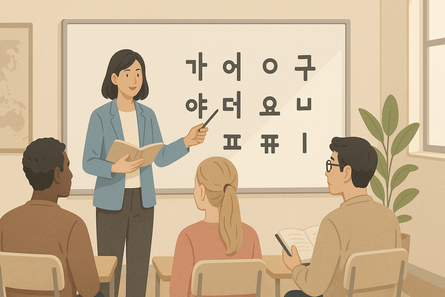 A neutral scene of a language classroom with a whiteboard and phonetic symbols.
