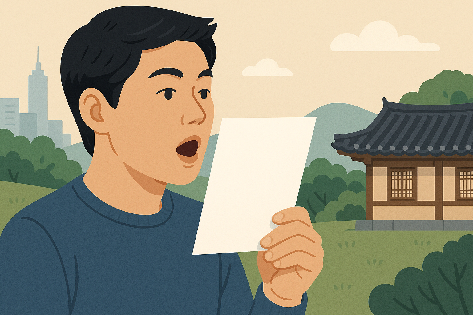A close-up of a person practicing pronunciation with a paper in front of their mouth.