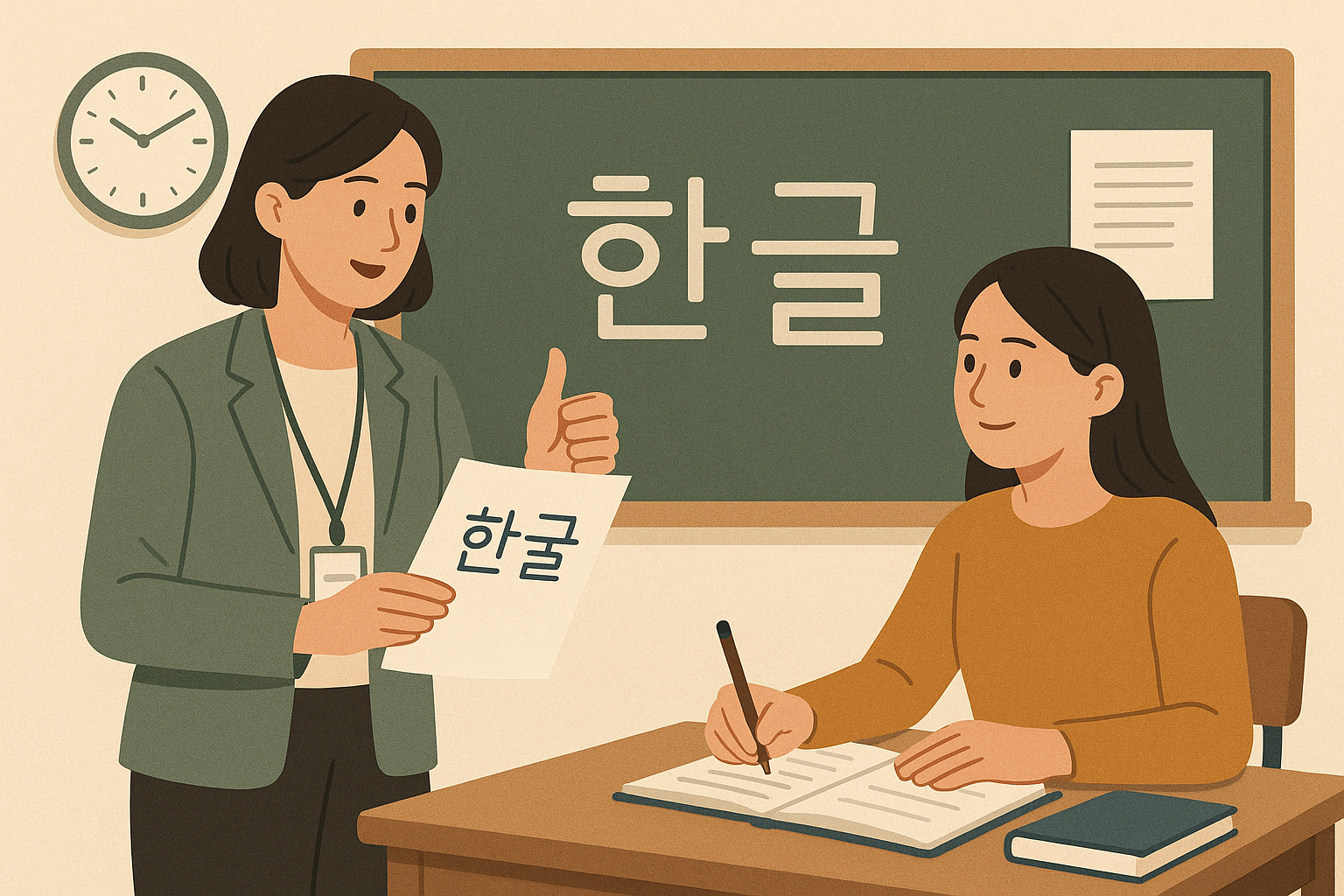A language tutor giving feedback to a student in a classroom setting.