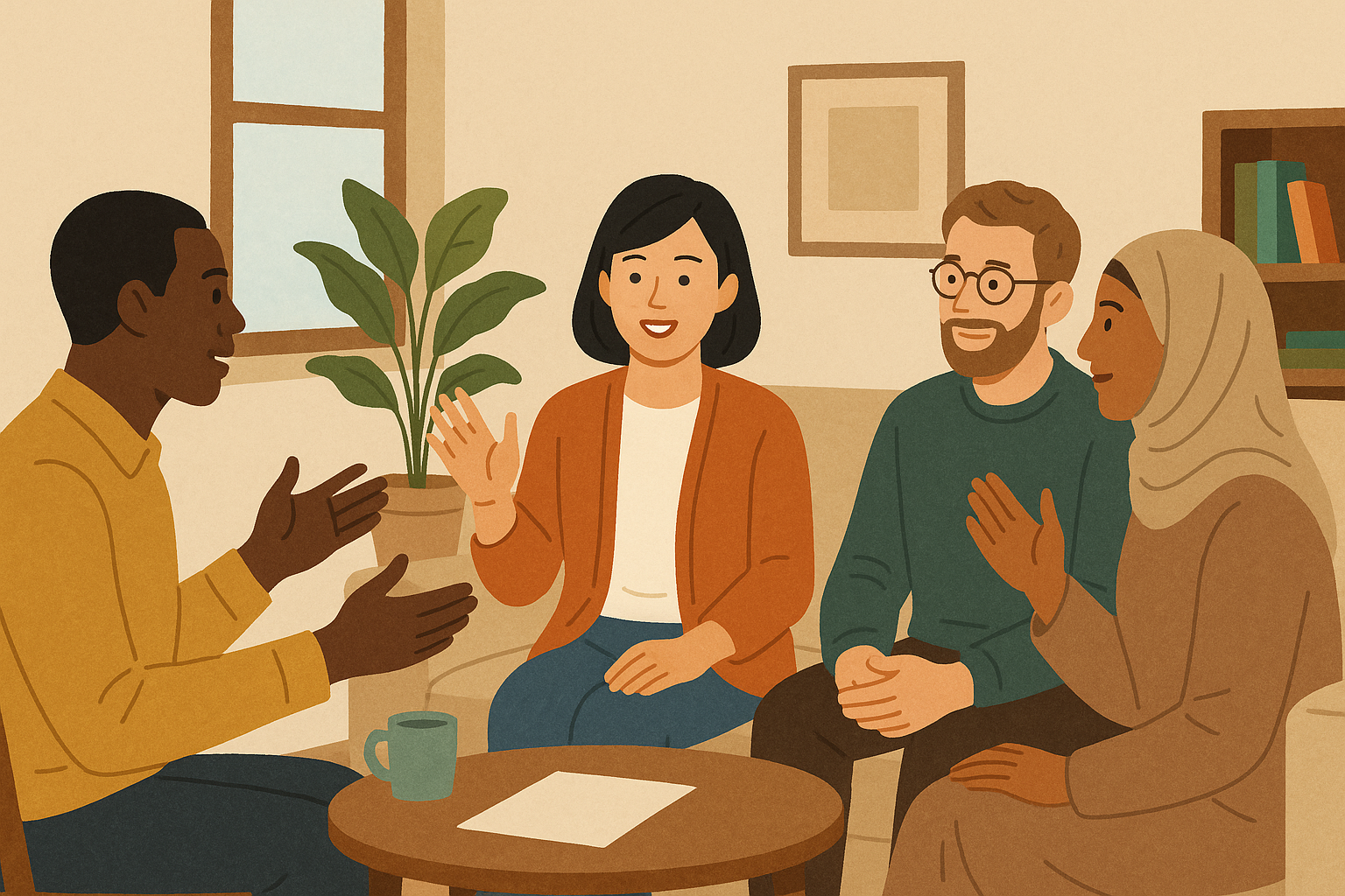 A diverse group of people engaging in a lively discussion in a cozy indoor setting.