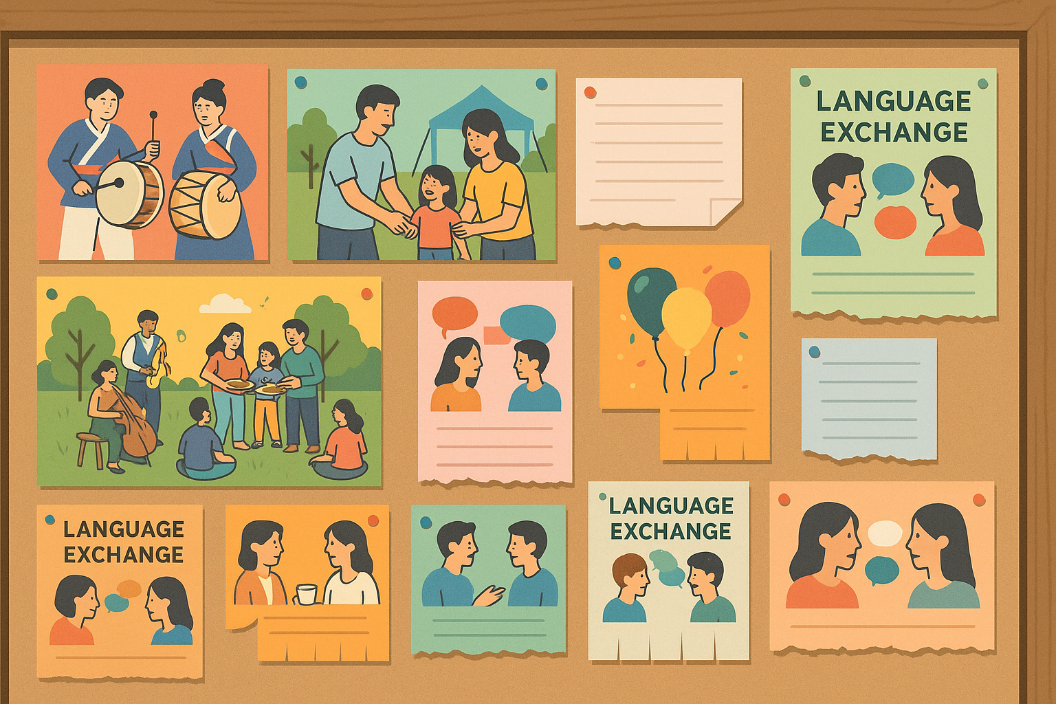 A bulletin board filled with colorful event flyers and language exchange notices.