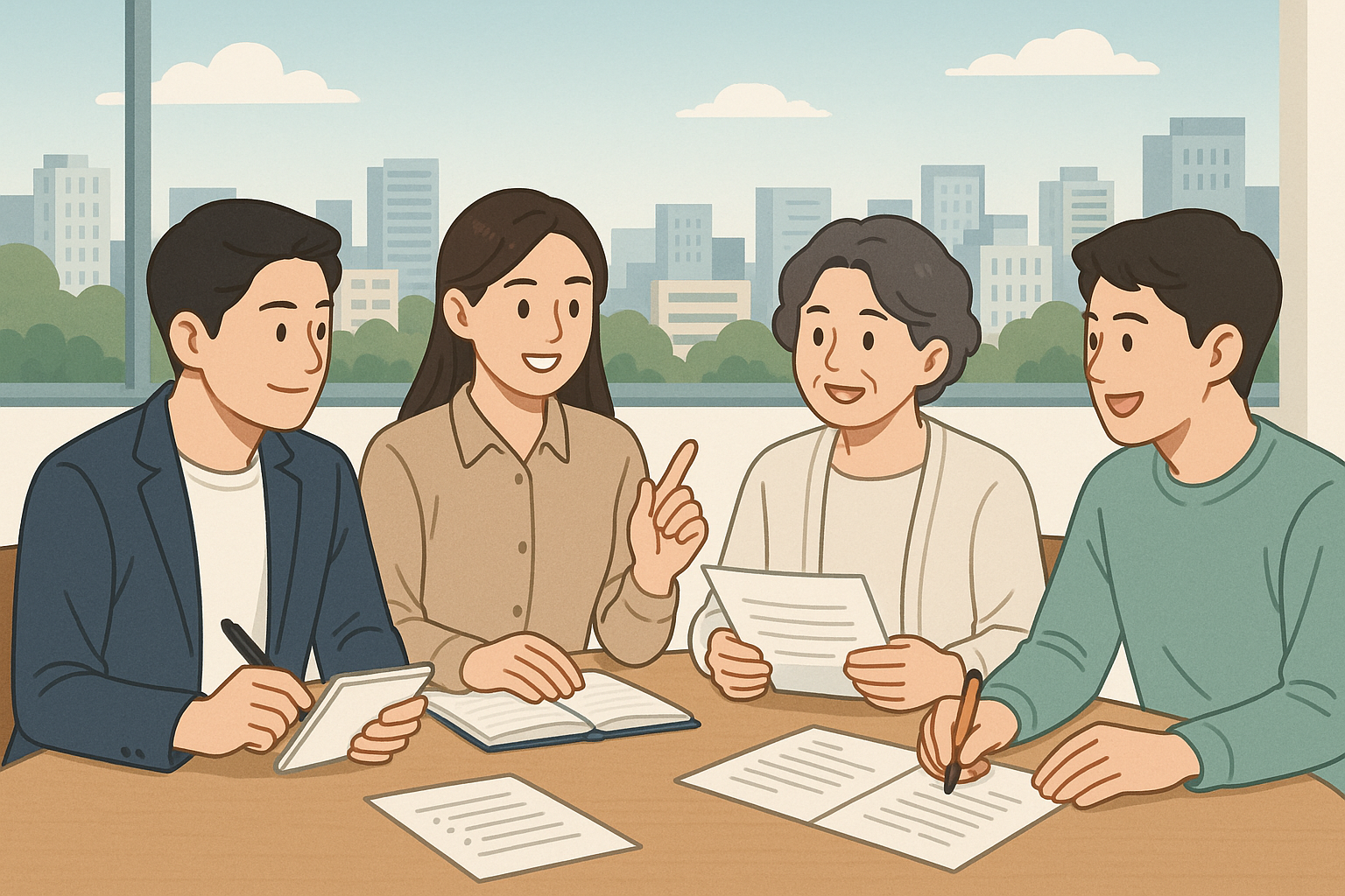 A friendly group of people sitting around a table, sharing ideas and notes.