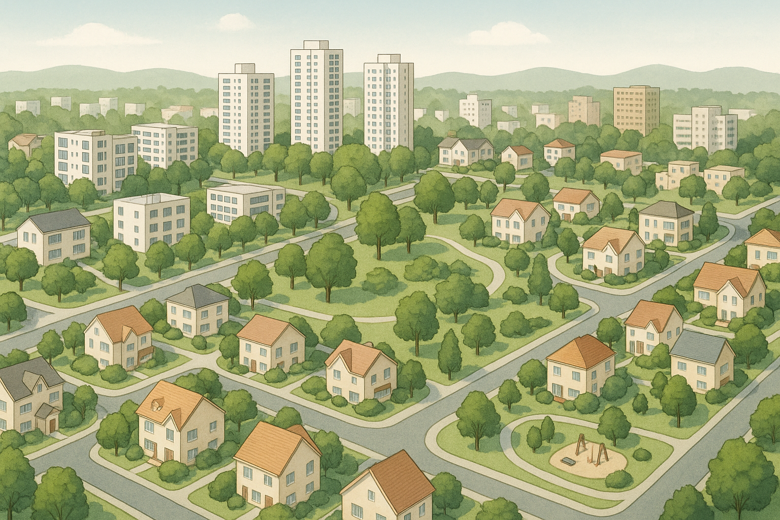 Aerial view of a suburban area with various housing types and green spaces.