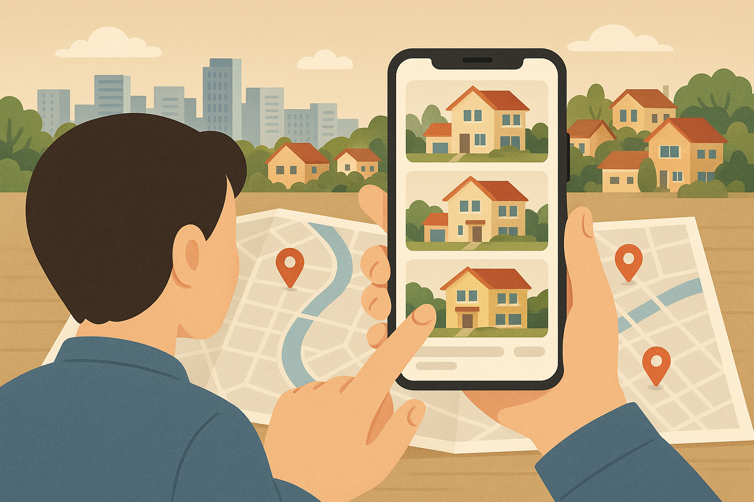 Person using a real estate app on a smartphone, with a map and listings visible.