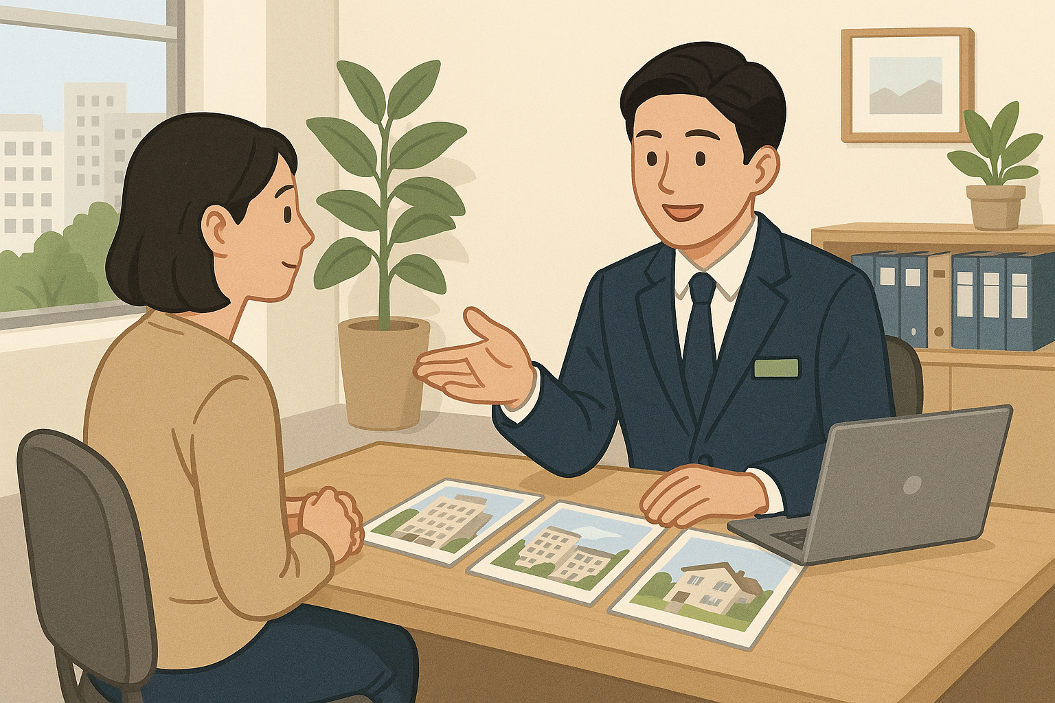 A person talking to a real estate agent in an office setting, with housing brochures on the table.