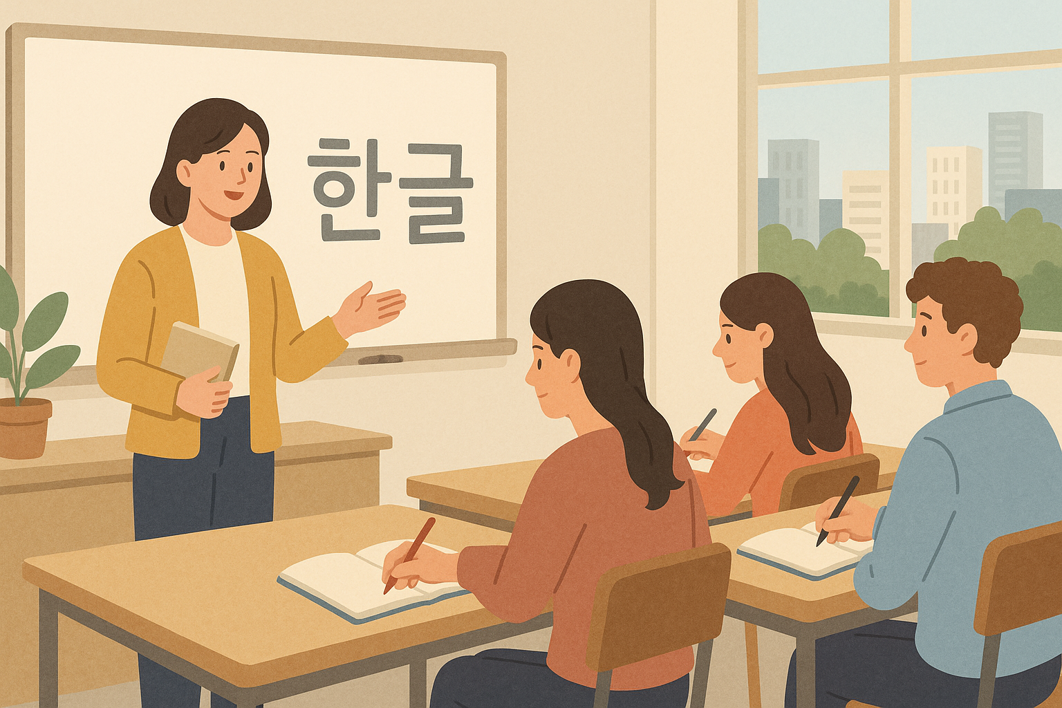 A neutral editorial scene of a Korean language class with students taking notes.