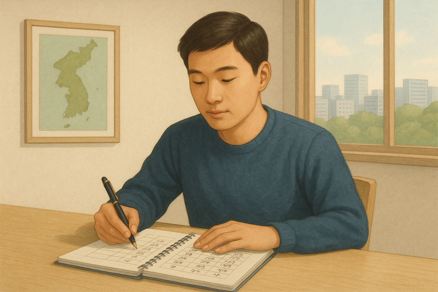 A student practicing Korean verb conjugations with a notebook and pen.